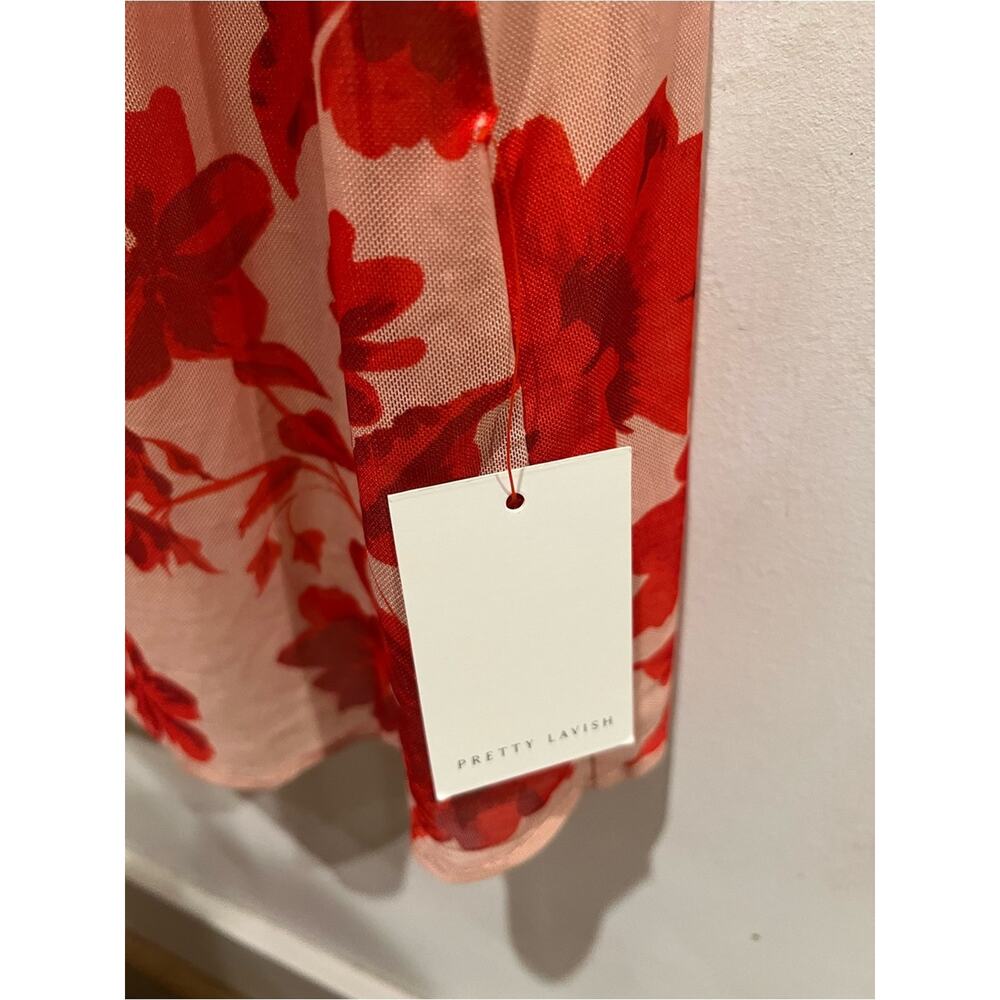 Pretty Lavish Floral Mesh Maxi Dress Size 20 Pink Red Ruched Long Sleeve NWT - Picture 6 of 9